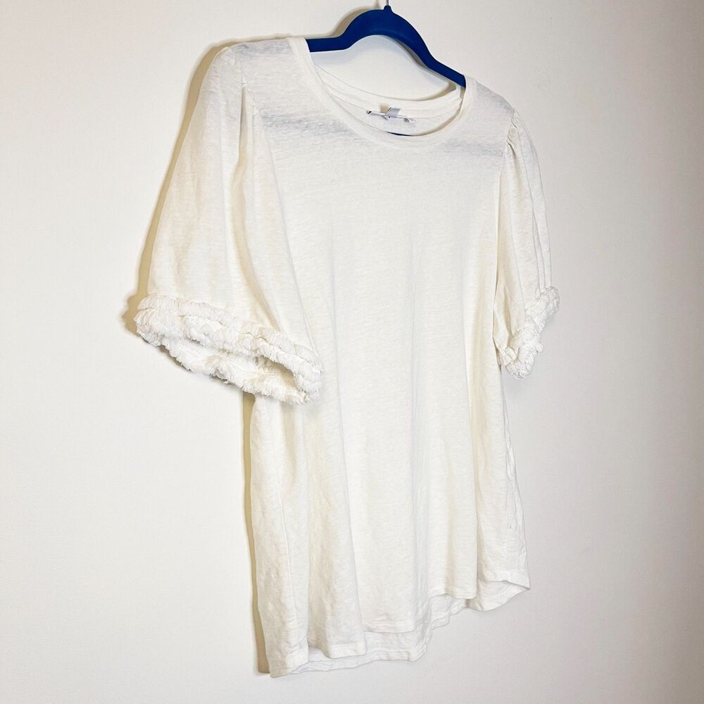 Chico’s 95% Linen Tee Size 2 (L) White Short Sleeve Ruffle Trim Top Minimalist - Picture 6 of 8